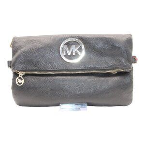 Michael Kors Black Leather Fold-Over Clutch Purse With Gold MK Logo & Zippers